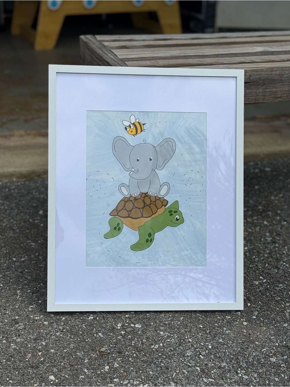 Framed Original Painting Bear with turtle and bee